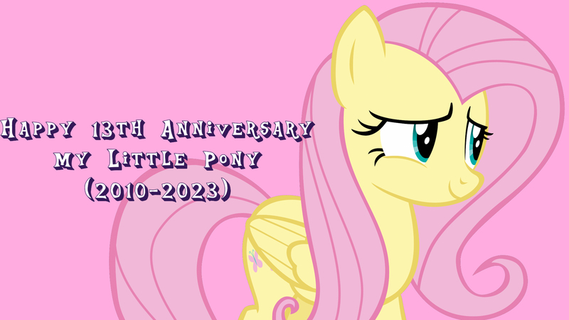 Size: 1920x1080 | Tagged: safe, artist:andoanimalia, derpibooru import, edit, editor:jaredking779, fluttershy, pegasus, pony, female, folded wings, image, jpeg, mare, mlp fim's thirteenth anniversary, pink background, simple background, smiling, solo, wings