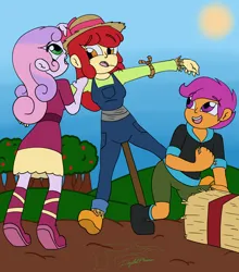 Size: 3700x4200 | Tagged: safe, artist:dig1talpho3nix, artist:digi1talpho3nix, derpibooru import, apple bloom, scootaloo, sweetie belle, human, equestria girls, apple, apple tree, cutie mark crusaders, female, food, hat, hay bale, humanized, image, open mouth, open smile, png, pole, pole tied, scarecrow, smiling, straw, straw hat, straw in mouth, sweet apple acres, tied up, tree, trio, trio female