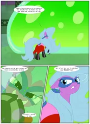 Size: 1596x2196 | Tagged: safe, artist:necrofeline, derpibooru import, mane-iac, oc, oc:madame inflator, earth pony, pony, comic:the formula, alternate universe, clothes, comic, commission, commission comic, commissioner:geonineplus, costume, evil grin, factory, formula, grin, growth formula, hair tie, image, implied oc, inflation comic, inflation sequence, looking at you, looking back, looking back at you, mask, offscreen character, png, power ponies, sequence, serum, smiling, solo, speech bubble, supervillain, this will end in growth, this will end in inflation, tresemme, word bubble