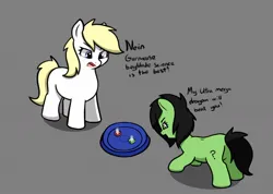 Size: 1252x893 | Tagged: safe, artist:neuro, derpibooru import, oc, oc:anonfilly, oc:aryanne, unofficial characters only, earth pony, pony, beyblade, butt, duo, female, filly, gray background, image, jpeg, looking at something, plot, simple background
