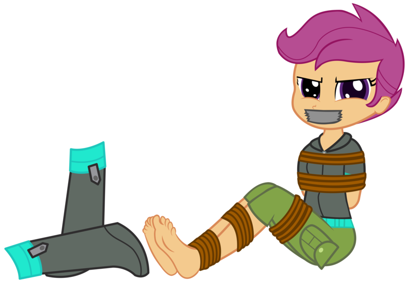 Size: 9398x6500 | Tagged: safe, artist:cardshark777, derpibooru import, scootaloo, equestria girls, arm behind back, barefoot, bondage, bound and gagged, digital art, duct tape, feet, gag, helpless, image, looking at you, png, rope, rope bondage, ropes, scootaloo is not amused, scootasub, shoes removed, sitting, solo, tape, tape gag, tied up, unamused