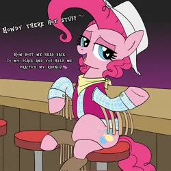 Size: 2048x2048 | Tagged: safe, artist:legendoflink, derpibooru import, pinkie pie, earth pony, pony, bandana, bar, bar stool, bedroom eyes, clothes, cowboy, cowboy hat, dialogue, female, flirting, hat, heart, heart eyes, image, jpeg, mare, open mouth, open smile, pinktober, plaid shirt, shirt, sitting, smiling, solo, talking to viewer, vest, wingding eyes