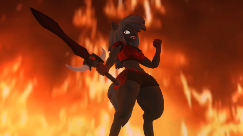 Size: 3840x2160 | Tagged: suggestive, derpibooru import, oc, oc:blood stain, anthro, earth pony, abs, armor, background, clothes, earth pony oc, evil grin, fire, grin, image, panties, png, smiling, sword, thighs, thong, thunder thighs, underwear, vrchat, weapon, wide hips