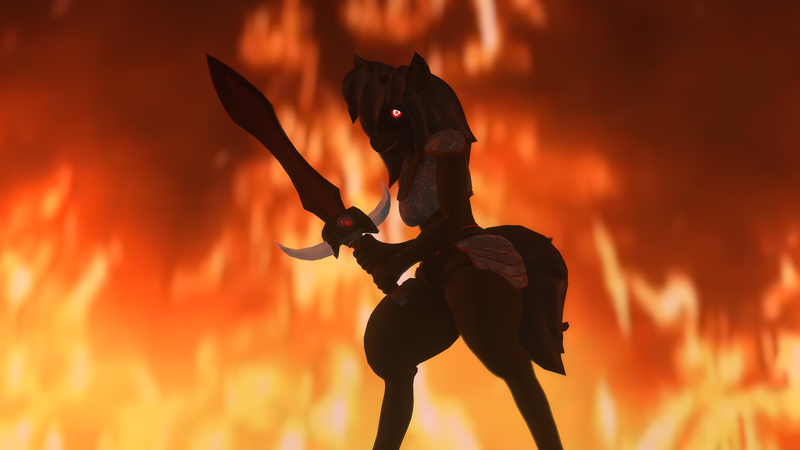 Size: 3840x2160 | Tagged: semi-grimdark, suggestive, derpibooru import, oc, oc:blood stain, anthro, earth pony, abs, armor, earth pony oc, fire, image, png, sword, thighs, this will end in death, thunder thighs, vrchat, weapon, wide hips