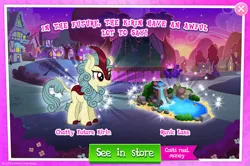 Size: 1960x1300 | Tagged: safe, derpibooru import, official, kirin, advertisement, bush, cloven hooves, costs real money, english, female, gameloft, horn, image, jpeg, mobile game, my little pony: magic princess, numbers, sale, season sunshine, solo, solo focus, text, water