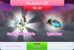 Size: 1269x861 | Tagged: safe, derpibooru import, official, kirin, bundle, bush, cloven hooves, costs real money, english, female, gameloft, horn, image, jpeg, mobile game, my little pony: magic princess, numbers, sale, season sunshine, solo, solo focus, text, water