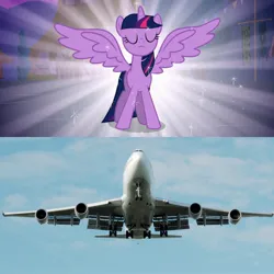 Size: 1920x1920 | Tagged: safe, derpibooru import, edit, screencap, twilight sparkle, twilight sparkle (alicorn), alicorn, pony, magical mystery cure, boeing, boeing 747, comparison, eyes closed, female, image, irl, jpeg, mare, photo, plane, solo, spread wings, wat, wings