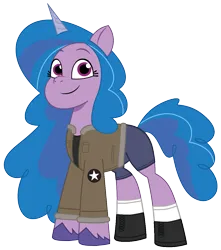 Size: 1060x1200 | Tagged: safe, artist:edy_january, artist:prixy05, derpibooru import, edit, vector edit, izzy moonbow, pony, unicorn, g5, my little pony: tell your tale, boots, clothes, denim, girls und panzer, image, jacket, jeans, military, military pony, pants, png, saunders, shirt, shoes, short pants, simple background, socks, solo, stockings, thigh highs, transparent background, vector