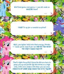 Size: 2048x2367 | Tagged: safe, derpibooru import, idw, official, pinkie pie, powder, rainbow dash, earth pony, pegasus, pony, unicorn, g1, bow, dialogue, dialogue box, female, g4, gameloft, horn, idw showified, image, mare, mobile game, png, speech bubble, spread wings, tail, tail bow, text, wings