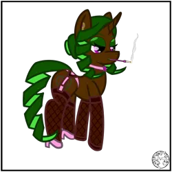 Size: 2000x2000 | Tagged: suggestive, derpibooru import, oc, oc:sparkling delight, unofficial characters only, changeling, unicorn, fallout equestria, changeling hybrid, choker, cigarette, cigarette holder, clothes, curly hair, curly tail, drill hair, drill tail, ear piercing, earring, fallout equestria: journal of an escort, fishnets, garter belt, hair bun, high heels, image, jewelry, lingerie, lipstick, piercing, png, shoes, simple background, socks, solo, tail, thigh highs, transparent background, underwear