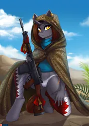 Size: 3157x4465 | Tagged: suggestive, artist:lifejoyart, ponerpics import, oc, unofficial characters only, anthro, pony, bikini, breasts, clothes, female, gun, image, jpeg, rifle, shirt, swimsuit, weapon