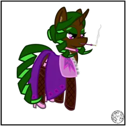 Size: 2000x2000 | Tagged: suggestive, derpibooru import, oc, oc:sparkling delight, unofficial characters only, changeling, unicorn, fallout equestria, changeling hybrid, choker, cigarette, cigarette holder, clothes, curly hair, curly tail, drill hair, drill tail, ear piercing, earring, fallout equestria: journal of an escort, fishnets, garter belt, hair bun, high heels, image, jewelry, lingerie, lipstick, piercing, png, see-through, shoes, simple background, skirt, socks, solo, tail, thigh highs, transparent background, underwear