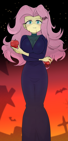 Size: 1581x3285 | Tagged: safe, artist:batipin, derpibooru import, fluttershy, undead, vampire, equestria girls, apple, blood, breasts, busty fluttershy, clothes, costume, fangs, food, gravestone, halloween, halloween costume, holiday, image, looking at you, png