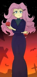 Size: 1581x3285 | Tagged: safe, artist:batipin, derpibooru import, fluttershy, undead, vampire, equestria girls, apple, blood, breasts, busty fluttershy, clothes, costume, fangs, food, gravestone, halloween, halloween costume, holiday, image, looking at you, png