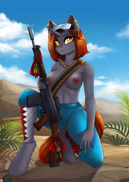 Size: 3157x4465 | Tagged: questionable, artist:lifejoyart, ponerpics import, oc, unofficial characters only, anthro, pony, breasts, clothes, female, gun, image, jpeg, nipples, nudity, partial nudity, rifle, topless, weapon