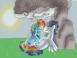 Size: 960x720 | Tagged: safe, artist:rd97, derpibooru import, edit, rainbow dash, soarin', pegasus, pony, female, image, kiss on the lips, kissing, male, mare, png, rain, shipping, soarindash, stallion, straight