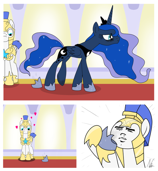 Size: 3000x3250 | Tagged: suggestive, artist:noomeralf, derpibooru import, princess luna, alicorn, pony, blushing, canterlot, comic, fetish, hallway, hoof fetish, hoof shoes, image, male, meme face, png, royal guard, smelly, smelly hooves, sniffing, stallion, tired eyes