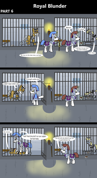 Size: 1920x3516 | Tagged: semi-grimdark, artist:platinumdrop, derpibooru import, apple strudel, derpy hooves, earth pony, pegasus, pony, unicorn, comic:royal blunder, 3 panel comic, abuse, alternate universe, angry, ankle cuffs, apple family member, armor, avoiding eye contact, ball and chain, bars, beaten up, black eye, blood, bowl, bruised, chained, chains, clothes, comic, commission, cowering, crying, cuffed, cuffs, derpybuse, dialogue, disappointed, door, dungeon, elderly, fear, female, floppy ears, folded wings, food, glow, glowing horn, gruel, guard, hat, horn, image, indoors, jail, jail cell, magic, male, mare, mouth hold, nosebleed, onomatopoeia, open door, open mouth, pleading, png, prison, prison cell, prison outfit, prison stripes, prisoner, punishment, restraints, sad, scared, shackles, sitting, sound effects, spear, speech bubble, spider web, stallion, stepped on, surprised, talking, tears of fear, telekinesis, torch, violence, walking, wall of tags, weapon, window, wings