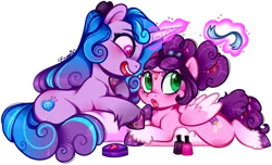 Size: 924x563 | Tagged: safe, artist:esmeia, derpibooru import, izzy moonbow, pipp petals, pegasus, pony, unicorn, g5, curly mane, curly tail, female, image, izzypipp, lesbian, lying down, magic, magic aura, mare, nail polish, pillow, png, shipping, simple background, tail, transparent background