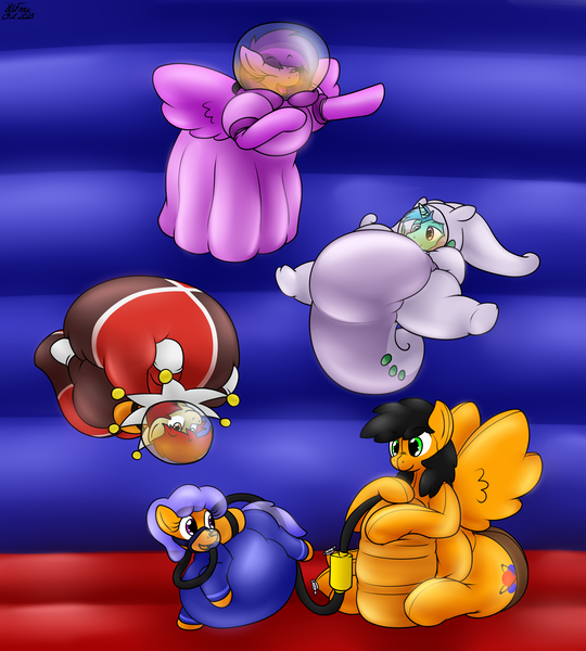 Size: 2700x3000 | Tagged: suggestive, artist:the-furry-railfan, derpibooru import, oc, oc:emilia starsong, oc:melon splash, oc:rubber heart, oc:sleepy whistles, oc:twintails, unofficial characters only, balloon pony, earth pony, goodra, inflatable pony, pegasus, pony, unicorn, belly, big belly, bouncy castle, clothes, costume, dress, floating, helium inflation, helium tank, image, inflatable, inflatable suit, inflatable toy, inflated wings, inflation, jester, p 235, png, pokémon, pool toy, scuba gear, squishy, wings