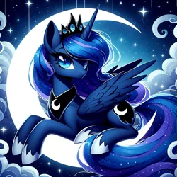 Size: 2048x2048 | Tagged: safe, derpibooru import, machine learning generated, princess luna, alicorn, pony, ai content, cloud, crescent moon, crown, cute, derpibooru exclusive, female, g4, generator:dall-e 3, image, jewelry, mare, moon, night, night sky, png, regalia, sky, solo, stars, wings