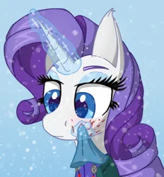 Size: 1016x1096 | Tagged: safe, artist:raritymylove, derpibooru import, rarity, pony, blood, blushing, clothes, ear fluff, handkerchief, image, magic, png, snow