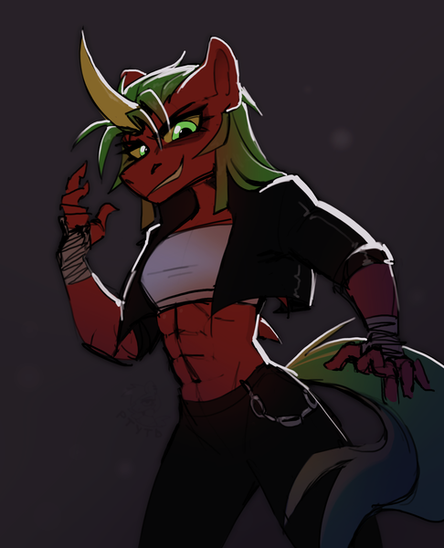 Size: 1393x1720 | Tagged: safe, artist:rtootb, derpibooru import, oc, oc:riot, unofficial characters only, anthro, dracony, dragon, hybrid, abs, anthro oc, big horn, chains, clothes, digital art, female, green eyes, green hair, horn, hybrid oc, image, jacket, leather jacket, looking at you, muscles, muscular female, png, red fur, rough sketch, sharp teeth, simple background, sketch, smiling, smirk, solo, teeth, tube top, wrist wraps