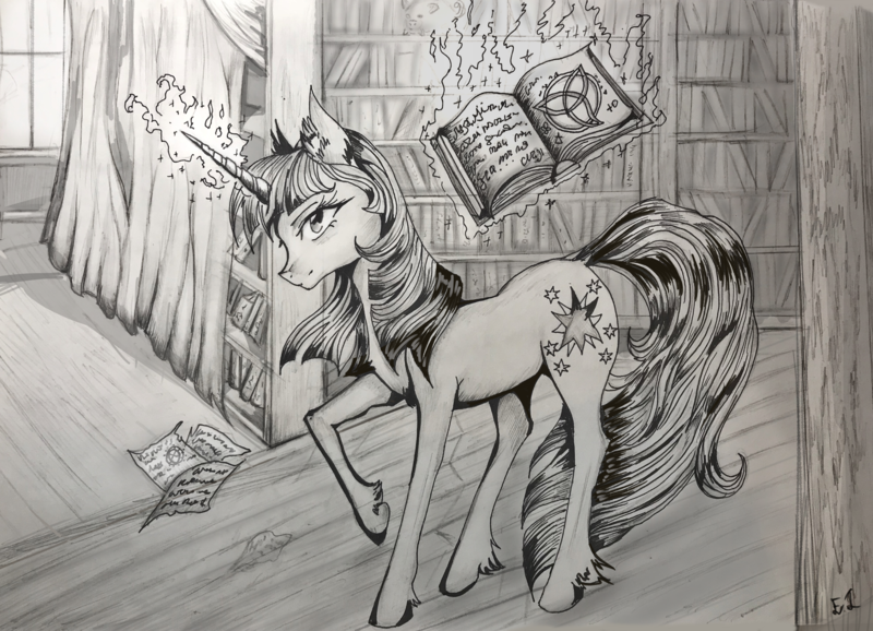 Size: 3967x2866 | Tagged: safe, artist:hysteriana, derpibooru import, twilight sparkle, pony, unicorn, anatomically correct, book, bookshelf, curtains, cutie mark, dark magic, detailed background, ear fluff, floor, full body, gray background, hooves, horn, image, library, long tail, magic, magic aura, monochrome, nudity, old art, paper, png, runes, simple background, tail, telekinesis, traditional art, unshorn fetlocks, vulva, window