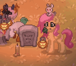 Size: 370x320 | Tagged: safe, artist:burn?, derpibooru import, fluttershy, ghost, pony, rabbit, undead, pony town, animal, animated, candle, clover, cute, gif, gravestone, halloween, holiday, image, jack-o-lantern, one eye closed, pumpkin, wink