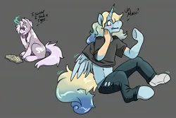 Size: 3000x2000 | Tagged: source needed, safe, artist:warlockmaru, oc, oc:maru, unofficial characters only, alicorn, pony, unicorn, blushing, book, clothes, duo, glasses, gray background, human to pony, image, jpeg, male, mid-transformation, pale belly, ripping clothes, simple background, socks (coat marking), spell, stallion, transformation, underhoof