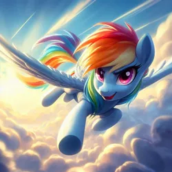 Size: 1024x1024 | Tagged: safe, derpibooru import, machine learning generated, rainbow dash, pegasus, pony, ai content, cloud, female, flying, generator:dall-e 3, image, jpeg, looking at you, mare, sky, smiling, smiling at you, solo, spread wings, wings