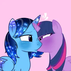 Size: 1280x1280 | Tagged: source needed, safe, artist:kai, derpibooru import, twilight sparkle, twilight sparkle (alicorn), oc, oc:blue thunder, alicorn, blushing, canon x oc, image, kiss on the lips, kissing, love, pink background, png, simple background, thundersparkle