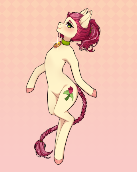 Size: 1200x1500 | Tagged: safe, artist:takic, derpibooru import, roseluck, pony, alternate hairstyle, braid, braided tail, collar, commission, commissioner:doom9454, cute, image, pet tag, png, pony pet, ponytail, rosepet, tail