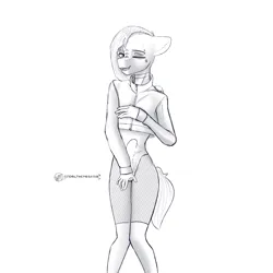 Size: 2000x2000 | Tagged: suggestive, artist:endelthepegasus, derpibooru import, oc, oc:endel frostlion, anthro, plantigrade anthro, clothes, crotch bulge, femboy, fishnets, floppy ears, image, jpeg, looking at you, male, one eye closed, open mouth, outfit, piercing, simple background, sketch, socks, solo, solo male, stockings, thigh highs, wings
