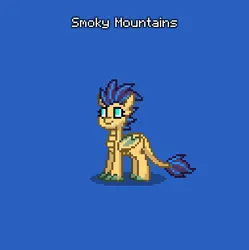 Size: 380x381 | Tagged: safe, derpibooru import, oc, oc:smoky mountains, unofficial characters only, dragon, hippogriff, hybrid, pony, pony town, blue background, female, image, offspring, orange skin, parent:smolder, parent:terramar, png, simple background, solo, wings