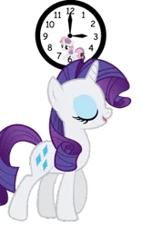 Size: 250x400 | Tagged: safe, artist:sbloom85, derpibooru import, rarity, sweetie belle, pony, unicorn, fanfic:a little loopy, clock, eyes closed, fanfic art, image, png, simple background, vector