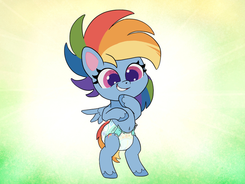 Size: 2732x2048 | Tagged: questionable, artist:asdfasfasda, derpibooru import, rainbow dash, my little pony: pony life, bipedal, diaper, diaper fetish, fetish, green background, happy, image, jpeg, non-baby in diaper, simple background, smiling, solo