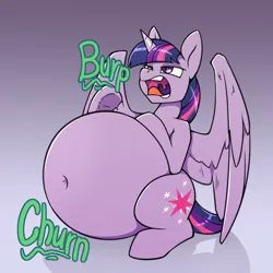 Size: 1500x1500 | Tagged: suggestive, artist:change, derpibooru import, part of a set, twilight sparkle, twilight sparkle (alicorn), alicorn, pony, abdominal bulge, belly, belly button, big belly, burp, commissioner:lemondrop, digestion, gradient background, huge belly, image, impossibly large belly, onomatopoeia, open mouth, png, stomach noise, twipred, unknown prey, uvula, vore