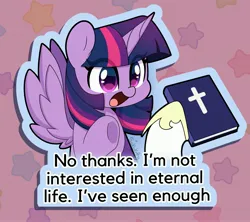 Size: 4096x3633 | Tagged: safe, artist:sakukitty, derpibooru import, princess celestia, twilight sparkle, twilight sparkle (alicorn), alicorn, bible, dialogue, eye clipping through hair, happy, image, jpeg, offscreen character, open mouth, open smile, smiling, solo, spread wings, underhoof, wings