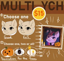 Size: 2100x2000 | Tagged: safe, alternate version, artist:erein, derpibooru import, twilight sparkle, pony, spider, unicorn, advertisement, any gender, any species, bust, candle, commission, ears up, female, frame, halloween, holiday, icon, image, jack-o-lantern, jpeg, nightmare night, portrait, pumpkin, solo, wingding eyes, ych example, ych sketch, your character here