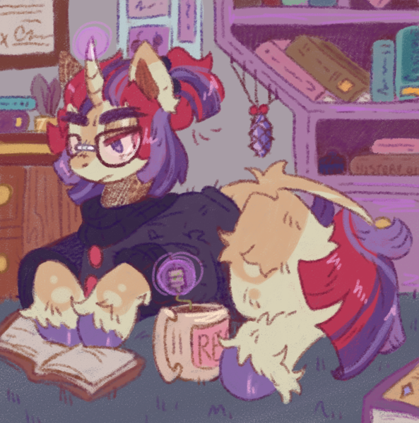 Size: 1253x1268 | Tagged: safe, artist:tottallytoby, derpibooru import, moondancer, pony, unicorn, book, cup, image, leonine tail, magic, png, reading, solo, tail, teacup, telekinesis