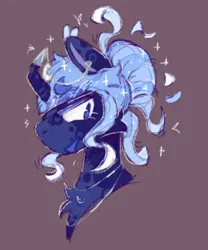 Size: 1602x1929 | Tagged: safe, artist:tottallytoby, derpibooru import, princess luna, alicorn, pony, alternate design, alternate hairstyle, brown background, bust, chest fluff, colored eyelashes, crooked horn, curved horn, ear piercing, ear tufts, earring, eyeshadow, facial markings, female, hair bun, horn, horn cap, image, jewelry, lidded eyes, makeup, mare, necklace, piercing, png, simple background, solo, sparkles, twitterina design