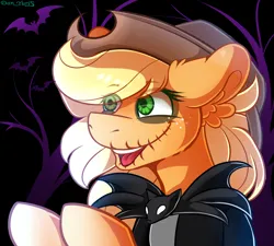 Size: 2024x1824 | Tagged: safe, artist:yuris, derpibooru import, applejack, earth pony, pony, bust, clothes, costume, female, halloween, halloween costume, holiday, image, jack skellington, nightmare night, open mouth, png, portrait, smiling, solo, the nightmare before christmas