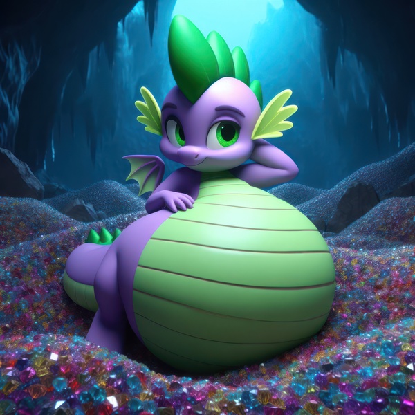 Size: 4096x4096 | Tagged: suggestive, derpibooru import, machine learning generated, spike, dragon, ai content, belly, big belly, fat, fat spike, gem, generator:bing image creator, huge belly, image, jpeg, prompter:tgut, solo, stuffed