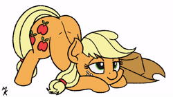 Size: 1920x1080 | Tagged: suggestive, artist:mkogwheel, ponerpics import, applejack, animated, applebucking thighs, applebutt, applejack's hat, bedroom eyes, butt, butt shake, cowboy hat, cutie mark, face down ass up, freckles, gif, hat, image, invisible stallion, jacko challenge, large butt, solo