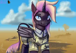 Size: 6203x4320 | Tagged: safe, artist:zlatdesign, derpibooru import, oc, oc:night shade, unofficial characters only, alicorn, bat pony, bat pony alicorn, absurd file size, absurd resolution, armor, bat wings, blue eyes, blue lipstick, cloud, derpibooru exclusive, desert, ear tufts, female, horn, image, leonine tail, lipstick, png, slit pupils, solo, tail, two toned mane, two toned tail, wings