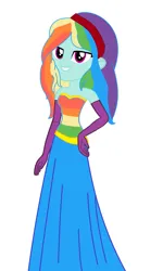 Size: 1253x2091 | Tagged: safe, artist:brightstar40k, artist:skyfallfrost, derpibooru import, oc, oc:prism palette, unofficial characters only, human, equestria girls, clothes, dress, evening gloves, fall formal, gloves, grin, humanized, image, lidded eyes, long gloves, multicolored hair, png, rainbow hair, smiling, solo