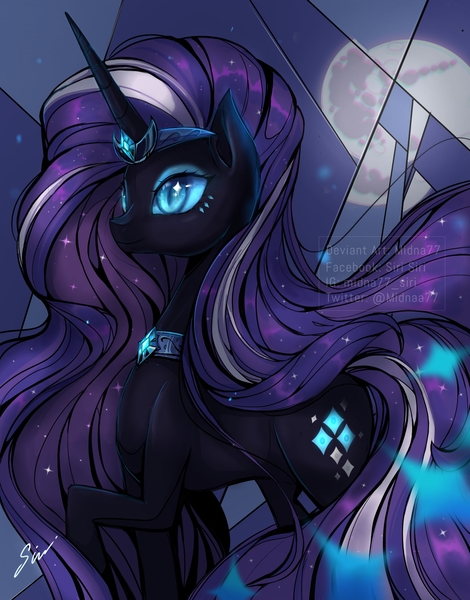 Size: 1386x1769 | Tagged: safe, artist:midna77, derpibooru import, nightmare rarity, pony, unicorn, blue eyes, blue mane, crown, digital art, ethereal mane, ethereal tail, eyelashes, eyeshadow, female, flowing mane, flowing tail, folded wings, g4, gem, horn, image, jewelry, jpeg, logo, magic, makeup, mane, mare, moon, moonlight, night, obtrusive watermark, peytral, purple mane, purple tail, raised hoof, regalia, signature, smiling, solo, starry mane, starry tail, sternocleidomastoid, tail, watermark, wings