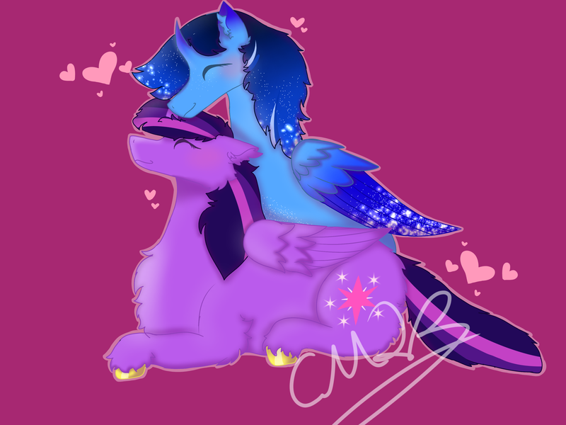 Size: 3000x2250 | Tagged: artist needed, source needed, safe, derpibooru import, twilight sparkle, twilight sparkle (alicorn), oc, oc:blue thunder, alicorn, pony, alicorn oc, canon x oc, cuddling, duo, female, horn, image, love, male, pink background, png, purple background, simple background, straight, thundersparkle, together, wings