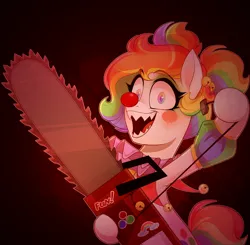 Size: 1100x1080 | Tagged: safe, artist:thewandie, derpibooru import, oc, oc:giggle grin, unofficial characters only, earth pony, pony, chainsaw, clown, clown makeup, clown nose, commission, eyeshadow, fangs, female, image, makeup, mare, multicolored hair, open mouth, png, rainbow hair, red nose, solo, sticker, this will end in death, ych result